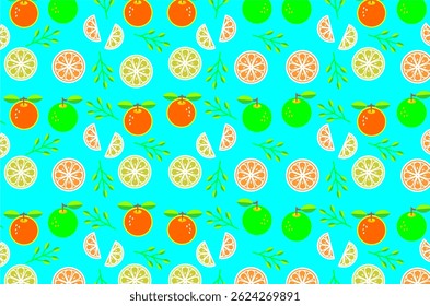 Seamless pattern featuring illustrations of oranges, green apples, citrus slices, and leafy branches. Ideal for themes related to summer, freshness, health, and organic fruit.