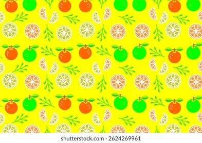 Seamless pattern featuring illustrations of oranges, green apples, citrus slices, and leafy branches. Ideal for themes related to summer, freshness, health, and organic fruit.