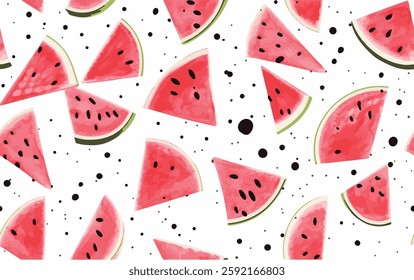 A seamless pattern featuring illustrations of watermelon slices in triangular and semicircular shapes, scattered randomly. The bright red color of the watermelon flesh contrasts with the green rind, c