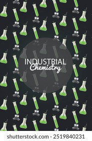 Seamless pattern featuring industrial chemistry symbols like gas masks and laboratory beakers, representing hazardous chemical processes.