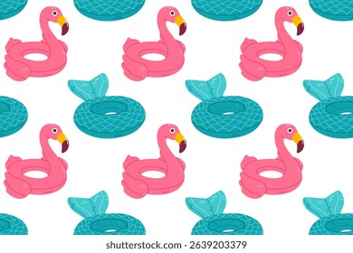 Seamless pattern featuring inflatable flamingo and mermaid tail pool floats in turquoise and pink, perfect for summer textiles, wrapping, and children’s products

