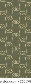 A seamless pattern featuring interlocking curves and loops in a muted olive green and cream color scheme, suitable for textiles or wallpaper.