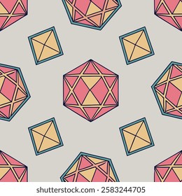 A seamless pattern featuring intricate 3D shapes, creating a modern and visually captivating geometric design. The design showcases cubes, spheres, pyramids, and other abstract forms that add depth