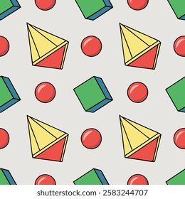 A seamless pattern featuring intricate 3D shapes, creating a modern and visually captivating geometric design. The design showcases cubes, spheres, pyramids, and other abstract forms that add depth