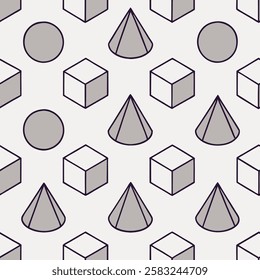 A seamless pattern featuring intricate 3D shapes, creating a modern and visually captivating geometric design. The design showcases cubes, spheres, pyramids, and other abstract forms that add depth