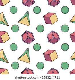 A seamless pattern featuring intricate 3D shapes, creating a modern and visually captivating geometric design. The design showcases cubes, spheres, pyramids, and other abstract forms that add depth