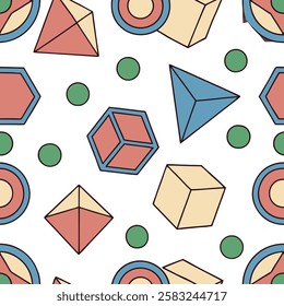 A seamless pattern featuring intricate 3D shapes, creating a modern and visually captivating geometric design. The design showcases cubes, spheres, pyramids, and other abstract forms that add depth