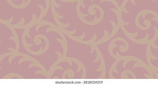 A seamless pattern featuring intricate baroque swirls and floral motifs in a muted beige against a soft pink backdrop.