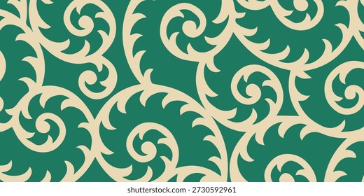 Un patrón sin fisuras con intrincados pergaminos florales beige y enredaderas en remolino sobre un rico fondo verde azulado, creando un diseño lujoso y decorativo.