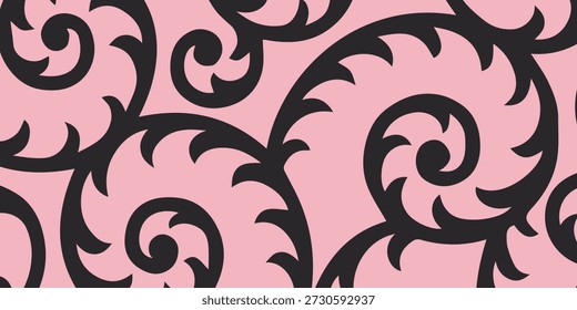 Un patrón sin fisuras con intrincados diseños de remolinos negros y Elementos florales estilizados, creando un visual decorativo y elegante sobre un suave fondo rosa.