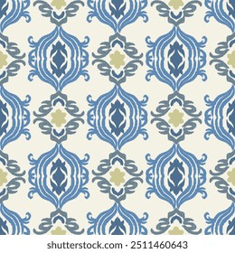 A seamless pattern featuring intricate blue and green damask motifs on a cream background. The repeating floral design exudes vintage elegance, ideal for sophisticated projects.