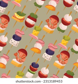 Seamless Pattern Featuring Intricate Canape Designs, Perfect For Adding Elegance And Sophistication To Various Projects. Repeated Background With Appetizer Snack On Sticks. Cartoon Vector Illustration