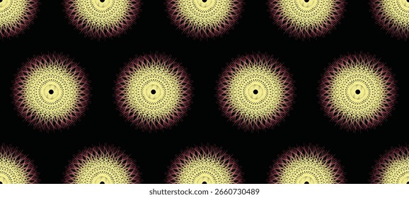 A seamless pattern featuring intricate circular mandala-like designs with multi-layered, spirograph-style symmetry