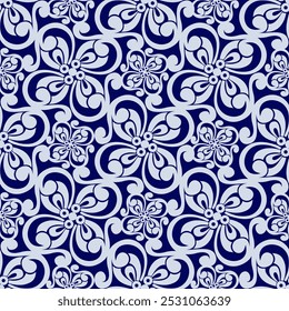 Padrão contínuo com intrincados motivos florais em uma paleta de cores clássica azul e branco. Este design intemporal é inspirado na porcelana tradicional chinesa e é perfeito para criar elegante e 