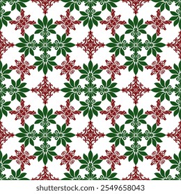 Un patrón sin costuras con intrincados motivos florales en tonos de verde y rojo. El diseño incorpora un patrón simétrico repetitivo, creando una estética lujosa y tradicional.