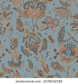 Seamless pattern featuring intricate floral designs with earthy tones and blue accents on a soft blue background, created in a delicate vector style. Perfect for decor and textiles.