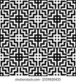 A seamless pattern featuring intricate geometric designs with black and white contrast, bold abstract lines. Suitable for backgrounds, wallpapers, textiles, fabrics, etc.