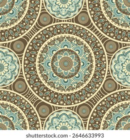 A seamless pattern featuring intricate mandala designs in soothing colors, suitable for textiles or decorative purposes.