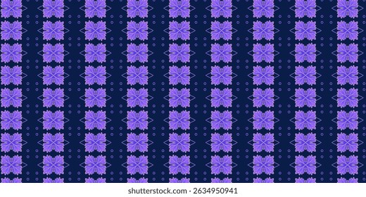 A seamless pattern featuring intricate purple floral motifs arranged in vertical rows on a deep blue background.