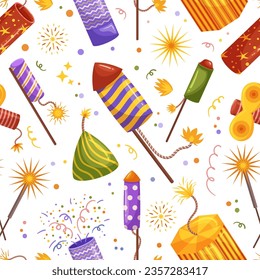 Seamless Pattern Featuring Intricate Pyrotechnic Design. Explosive Bursts Of Color And Light Create A Dynamic And Captivating Visual For Festive Occasions And Celebrations. Cartoon Vector Illustration