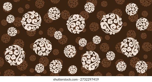 Un patrón sin fisuras con intrincados remolinos florales blancos dispuestos en motivos circulares, sobre un rico fondo marrón oscuro, creando un diseño sofisticado y decorativo.