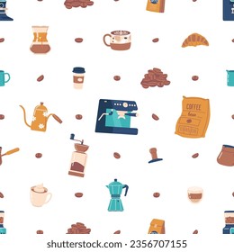 Seamless Pattern Featuring Intricately Designed Coffee Machines And Coffee Beans, Creating A Visually Appealing Motif