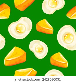 A seamless pattern featuring juicy citrus candy slices and egg sweets scattered on a lively green background, vector illustration for a fresh design