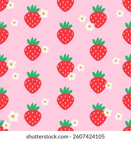 Seamless pattern featuring kawaii strawberries and pastel florals. Perfect for fabric, nursery items, and sweet-themed childrens designs