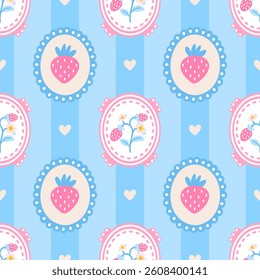 Seamless pattern featuring kawaii strawberries and pastel florals. Perfect for fabric, nursery items, and sweet-themed childrens designs