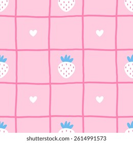 Seamless pattern featuring kawaii strawberries and pastel florals. Perfect for fabric, nursery items, and sweet-themed childrens designs