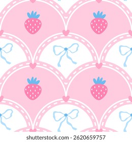 Seamless pattern featuring kawaii strawberries and pastel florals. Perfect for fabric, nursery items, and sweet-themed childrens designs