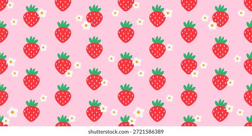 Seamless pattern featuring kawaii strawberries and pastel florals. Perfect for fabric, nursery items, and sweet-themed childrens designs