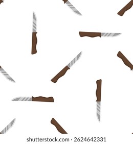 Seamless pattern featuring kitchen knives with brown handles, ideal for culinary or kitchen themed designs