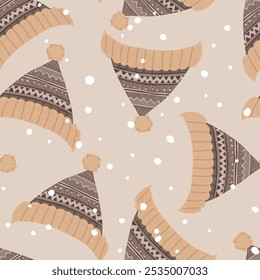  Seamless pattern featuring a knitted hat with a pattern in a delicate pastel color scheme in a cartoon style