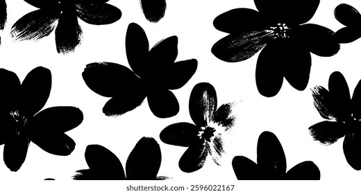 A seamless pattern featuring large, bold black flowers on a white background. The flowers have various shapes and sizes, creating a striking contrast and a modern aesthetic.