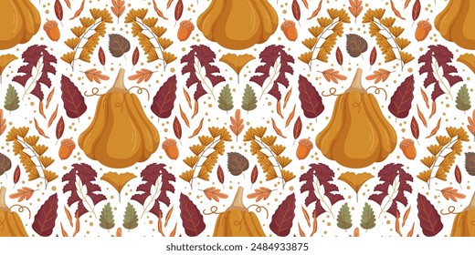 Seamless pattern featuring large butternut squash surrounded by various fall leaves, acorns, and berries. Warm autumn colors like orange, brown, and burgundy. Festive and cozy seasonal pattern