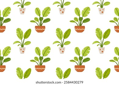 A seamless pattern featuring leafy green plants in pots. Suitable for textile prints, wallpapers, and decor.