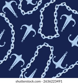 seamless Pattern Featuring Light Blue Anchors And Chains On A Dark Blue Background