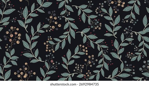 Um padrão sem costura com folhas verdes claras e pequenas bagas, criando uma estética sofisticada e natural.