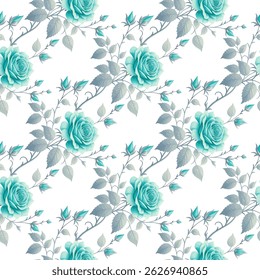 A seamless pattern featuring light teal colored roses on a white background. Each rose has detailed petals and a slightly darker teal center. The roses are arranged on curving, gray toned stems.
