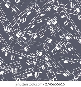 A seamless pattern featuring lighting equipment and stage lighting fixtures. Hand-drawn vector illustration in light and gray tones. Suitable for prints on fabrics, covers, banners, walls, and packaging.