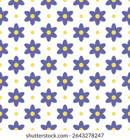 Seamless pattern featuring lilac flowers with yellow centers on a white background in flat cartoon style. Vector illustration