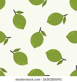 Seamless pattern featuring lime on green background. Perfect for summer designs, food packaging, fabric, or kitchen-themed prints. Vector illustration