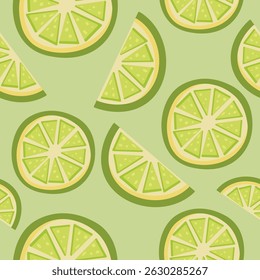 Seamless pattern featuring lime slices and wedges on a green background. Perfect for summer designs, food packaging, fabric, or kitchen-themed prints. Vector illustration