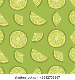 Seamless pattern featuring lime slices and wedges on a green background. Perfect for summer designs, food packaging, fabric, or kitchen-themed prints. Vector illustration