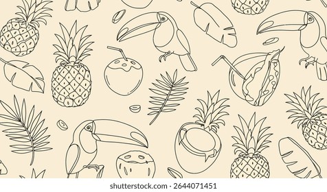 Padrão sem costura com arte de linha de tucanos, abacaxis, cocos com palha, cocos cortados pela metade, folhas de palmeira e folhas de banana.