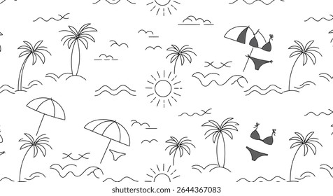 A seamless pattern featuring line art of palm trees, sun, waves, clouds, umbrellas, and bikinis, creating a summer beach vibe.