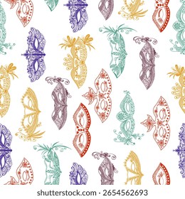 Seamless pattern featuring line art golden carnival masks with soft feather accents. Ideal for high-end masquerade invitations or festive backdrops.