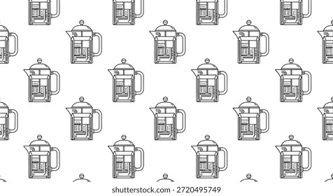 Padrão contínuo com ilustrações de arte em linha de cafeteiras de imprensa francesa para kitchenware e cafés com fundo de marca.