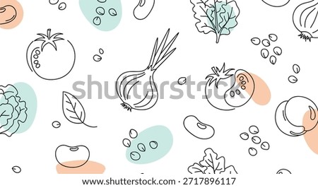 Seamless pattern featuring line art illustrations of vegetables like onions, tomatoes, and beans with decorative pastel color spots.